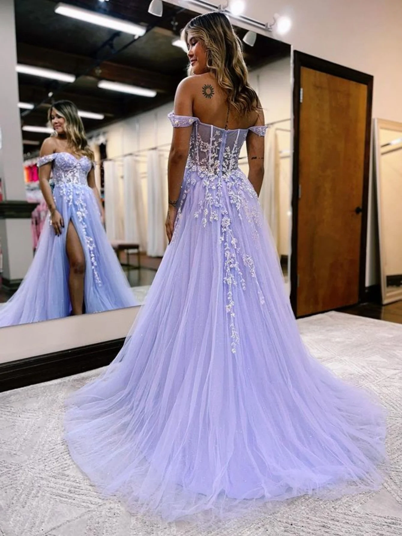 A Line Off the Shoulder Lace Tulle Prom Dress With Slit P12