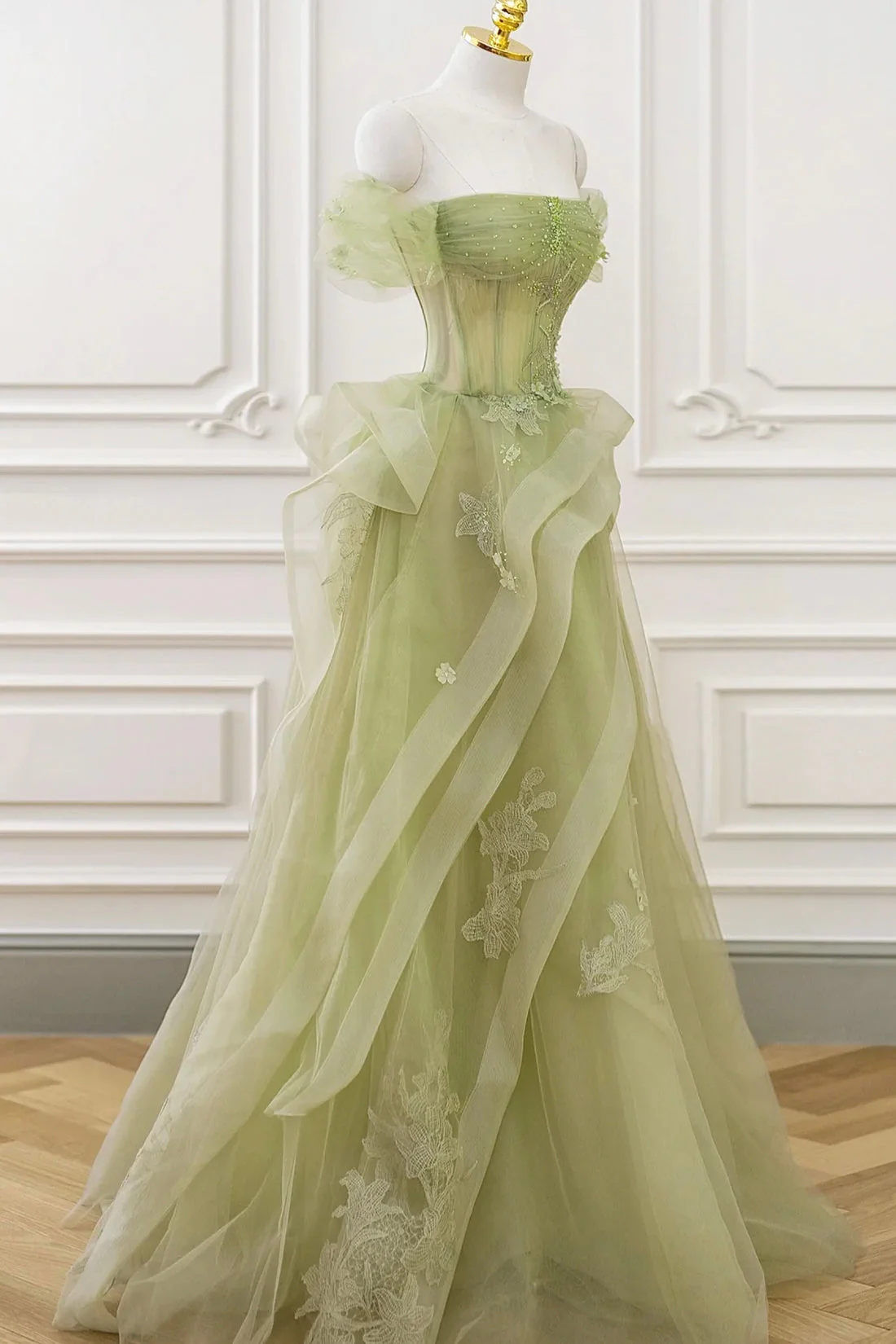 Green Tulle Lace Long Prom Dress Green Formal Party Dress P8