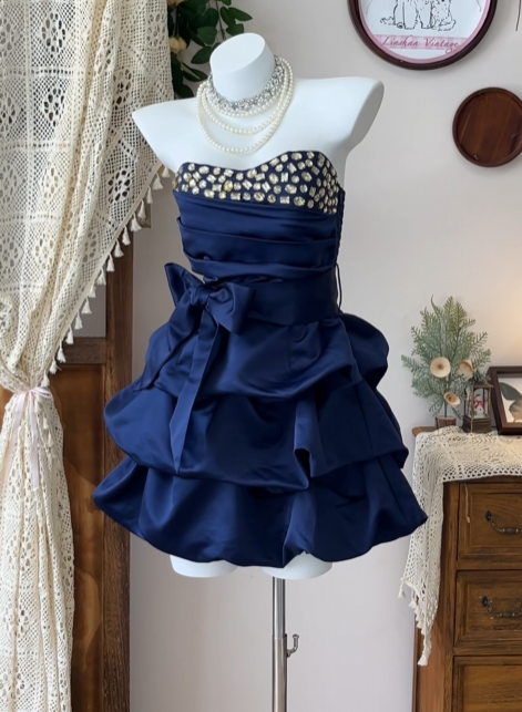 Strapless A Line Navy Blue Satin Homecoming Dress P1475