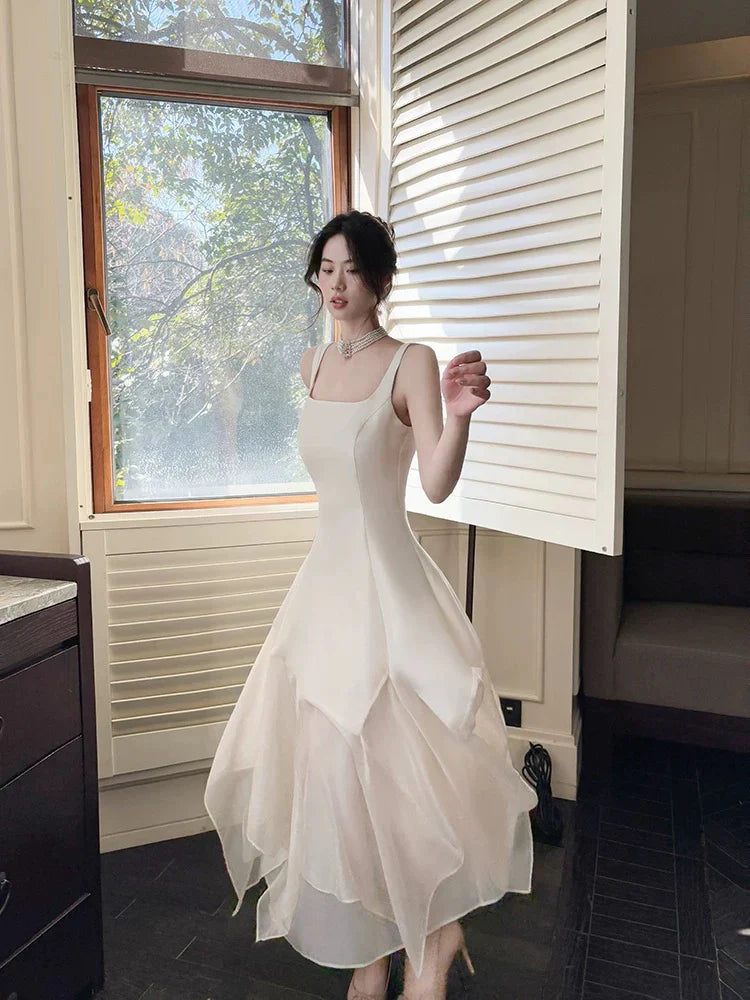 A-Line Square-Neck Layered Ivory Chiffon Prom Dress P731