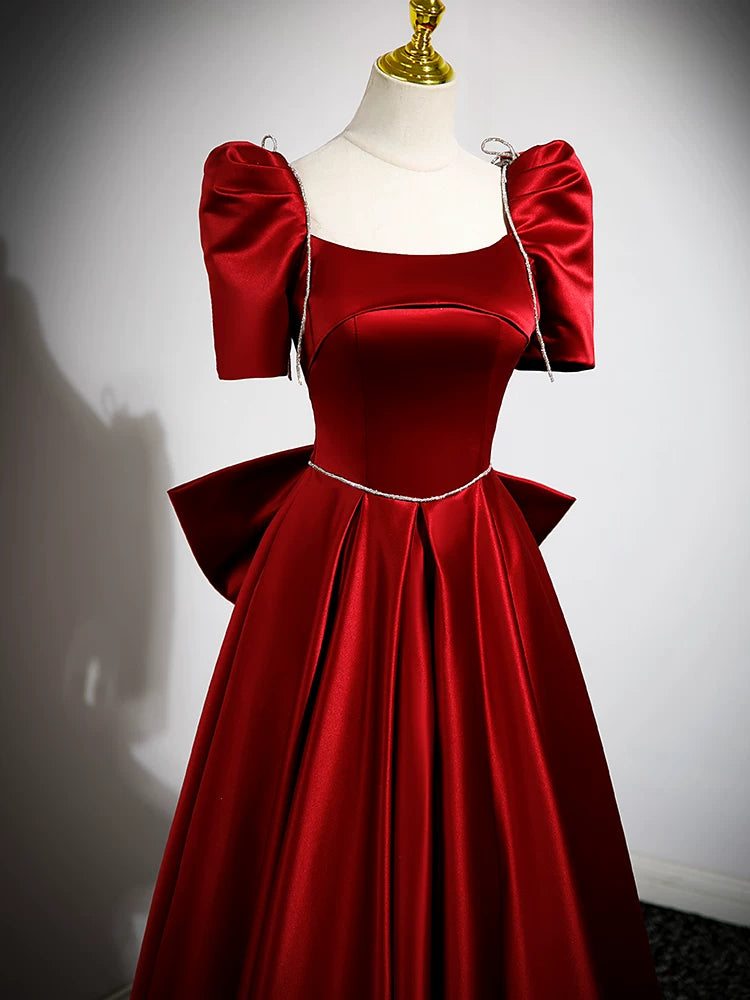 A Line Burgundy Satin Birthday Dress Cute Prom Dress for Teens P1254