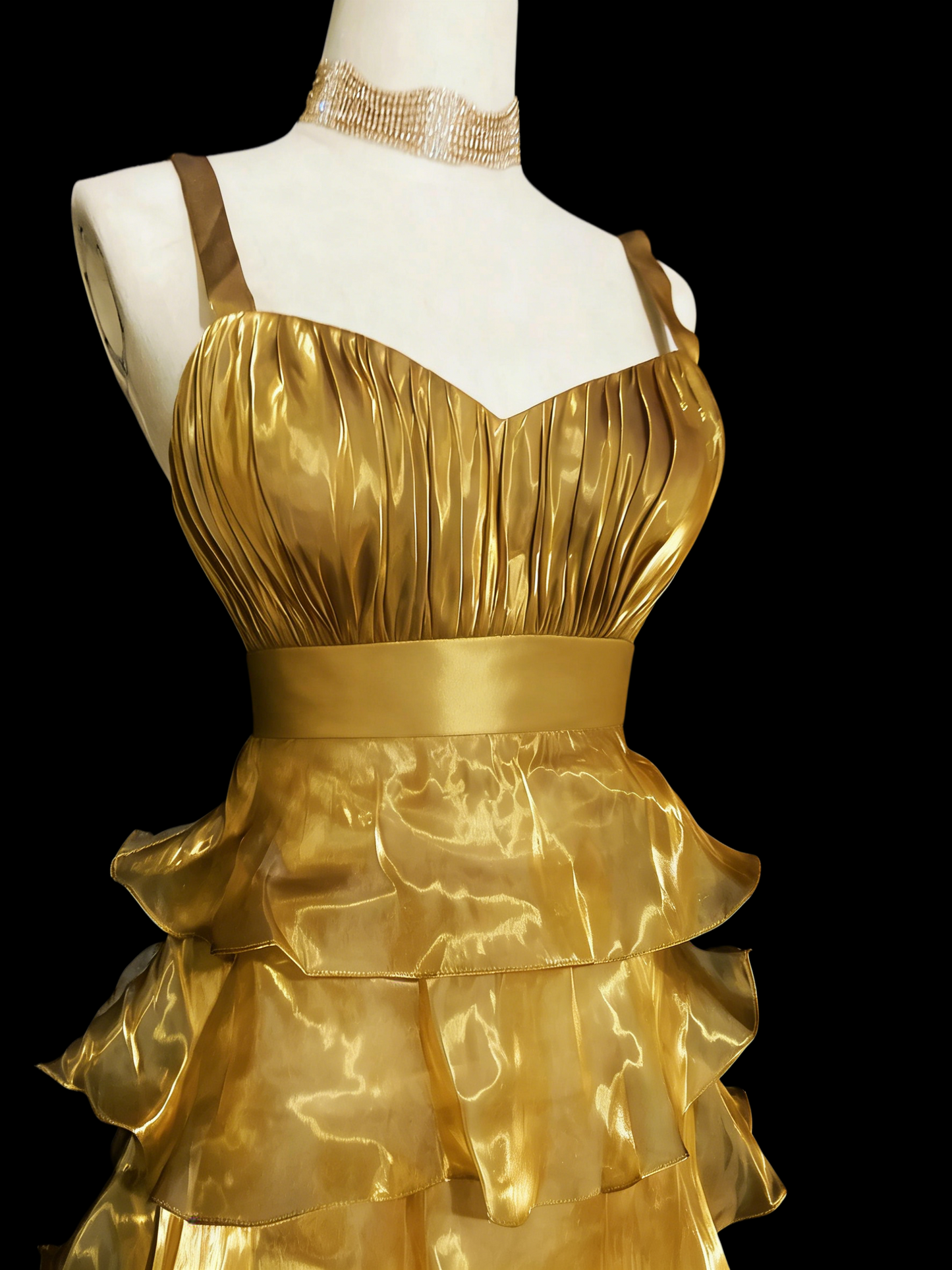 A Line Gold Layered Organza Prom Dress Birthday Dress P920