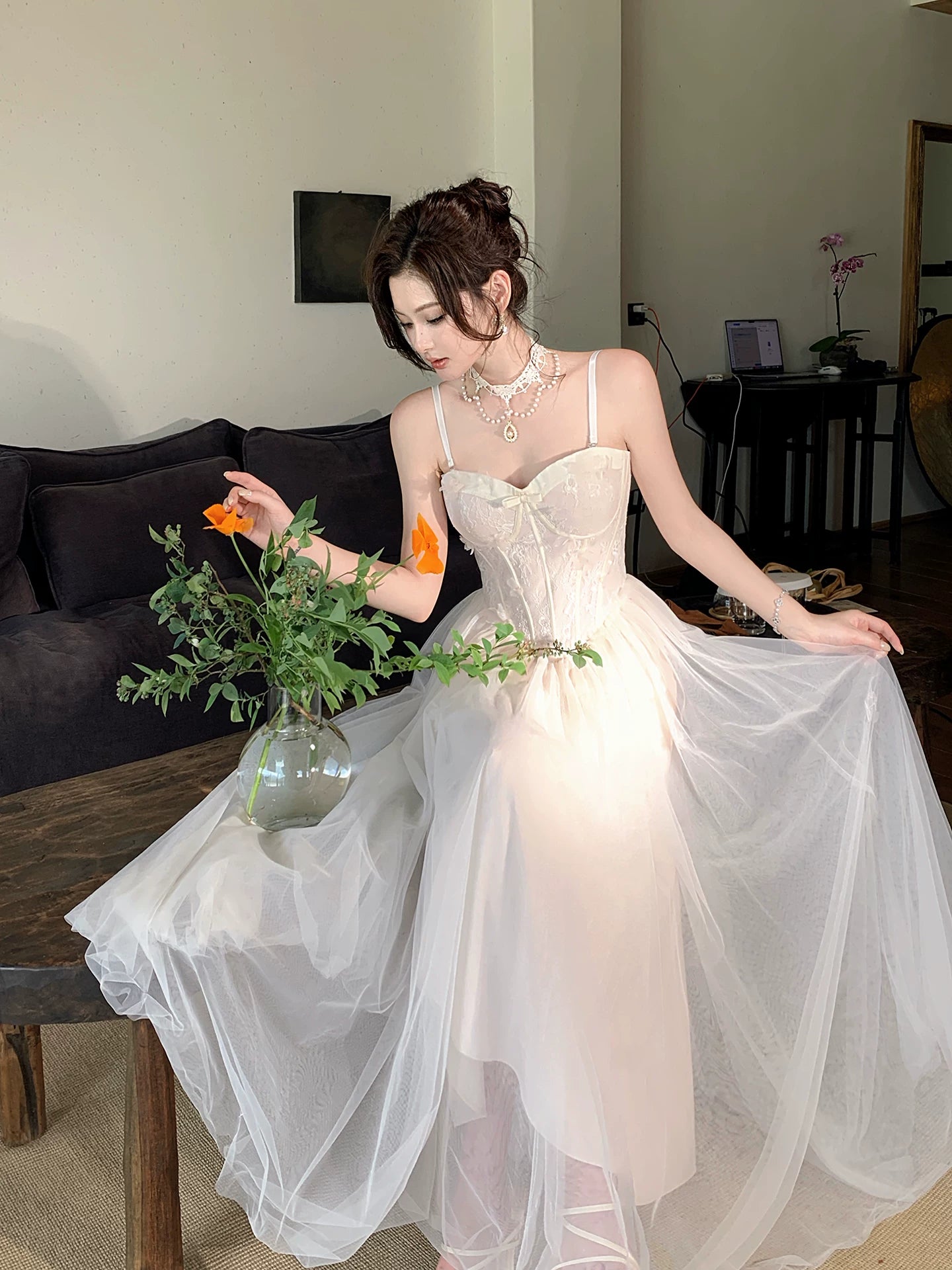 A Line Ivory Tulle Wedding Dress Formal Evening Dress P1308