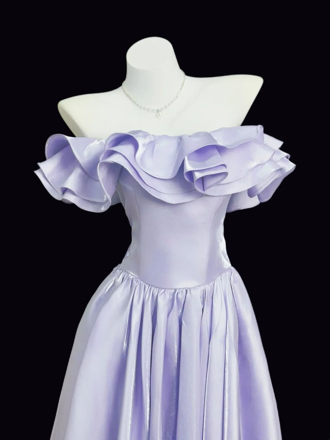 A Line Lilac Satin Prom Dress Ruffled Evening Dress P1505