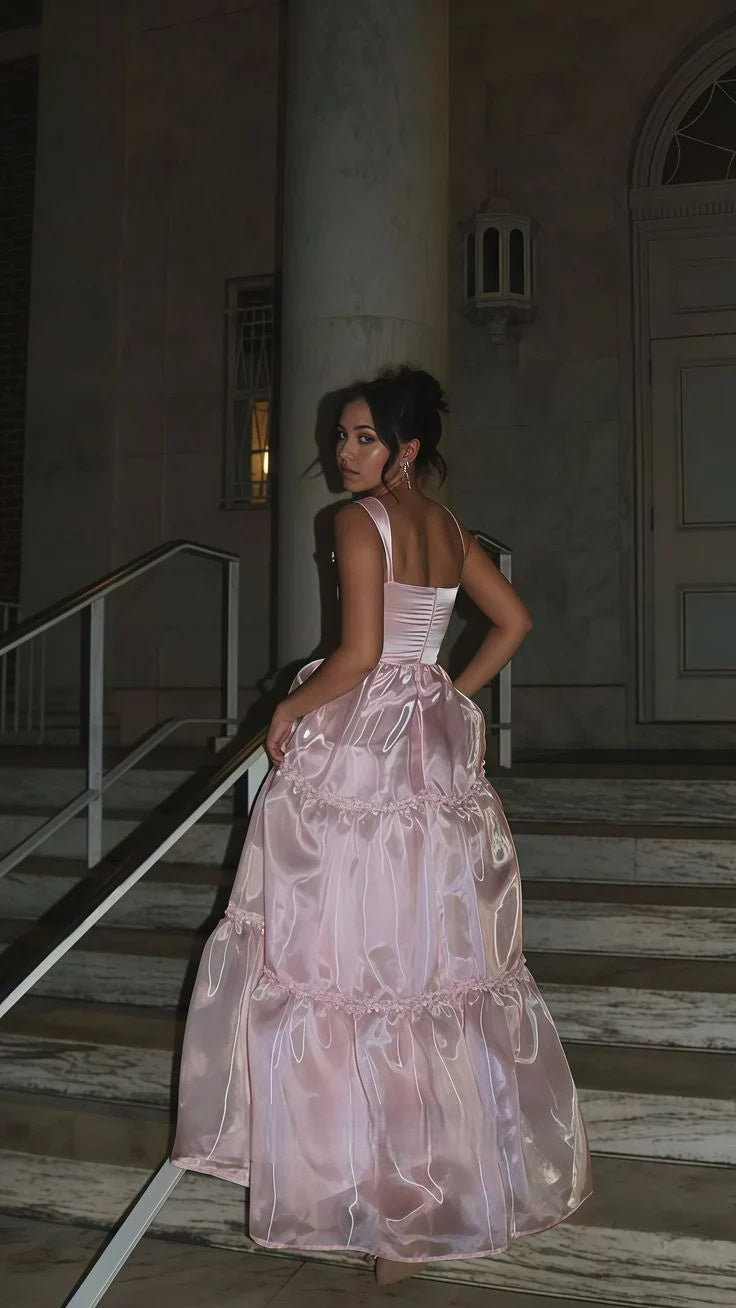 A Line Pink Organza Formal Prom Dress Bridesmaid Dresses Evening Gown P712