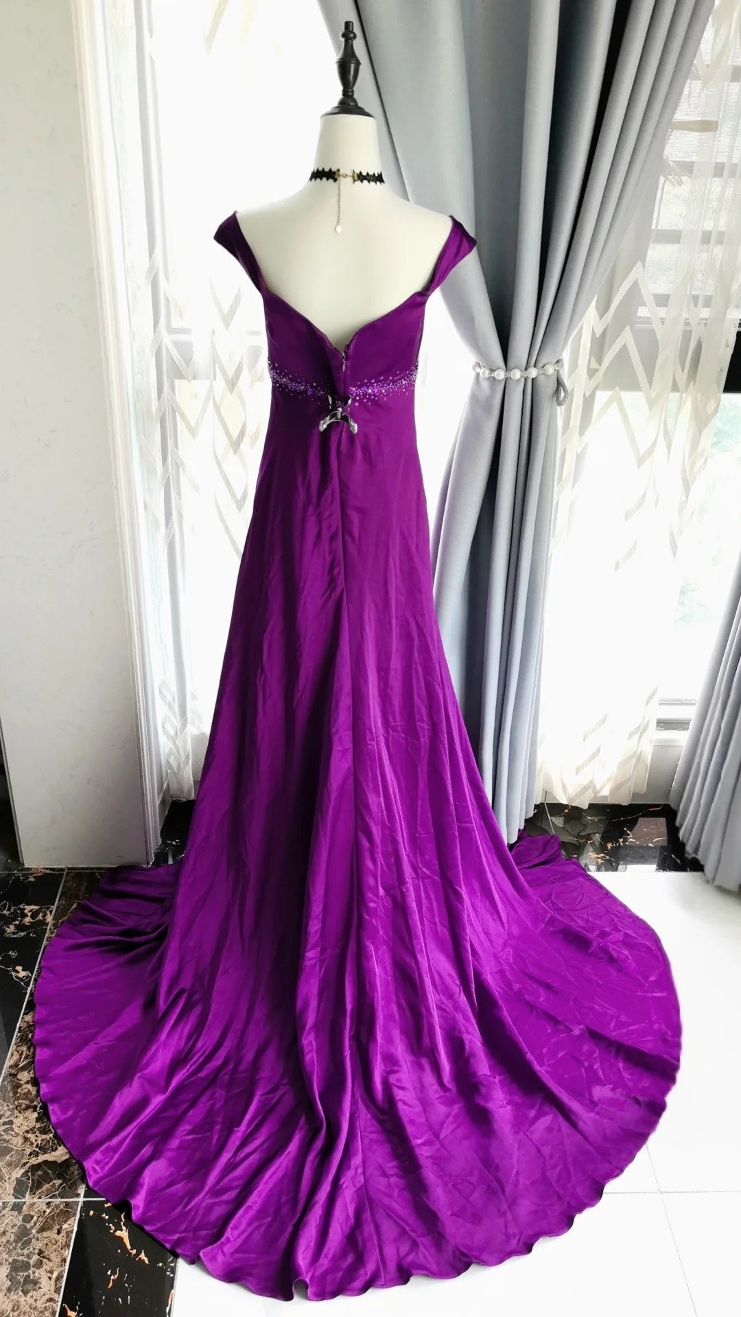 A Line Purple Satin Long Prom Dress Beaded Retro Evening Gown P1720