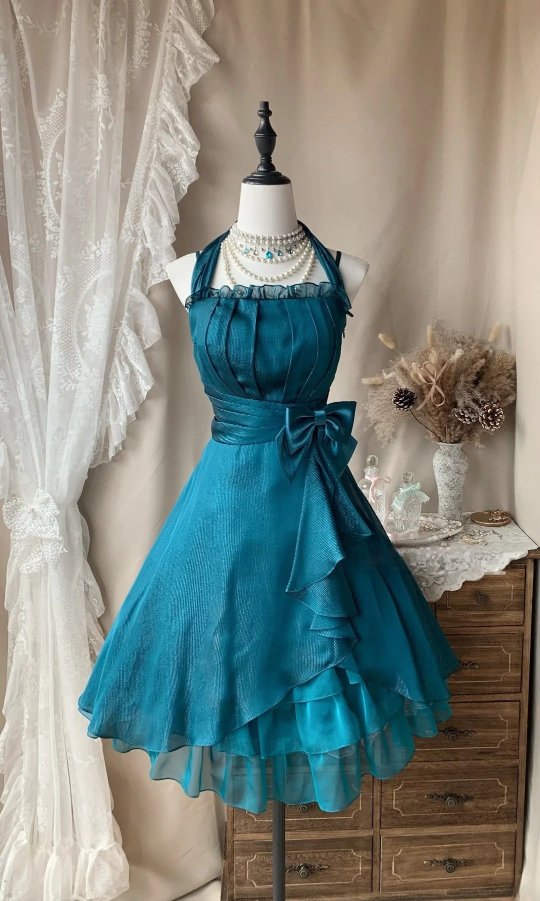 A Line Teal Chiffon Ruffled Short Homecoming Dress P1365