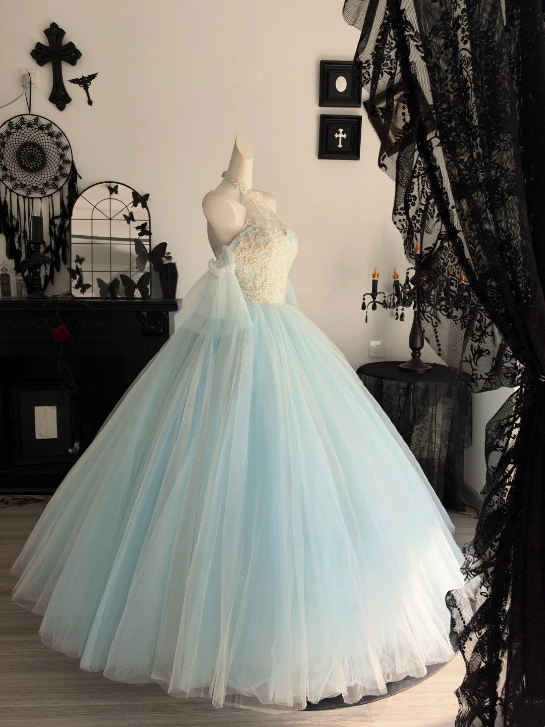 Appliques Halter A Line Blue Prom Dress Birthday Gown P2697