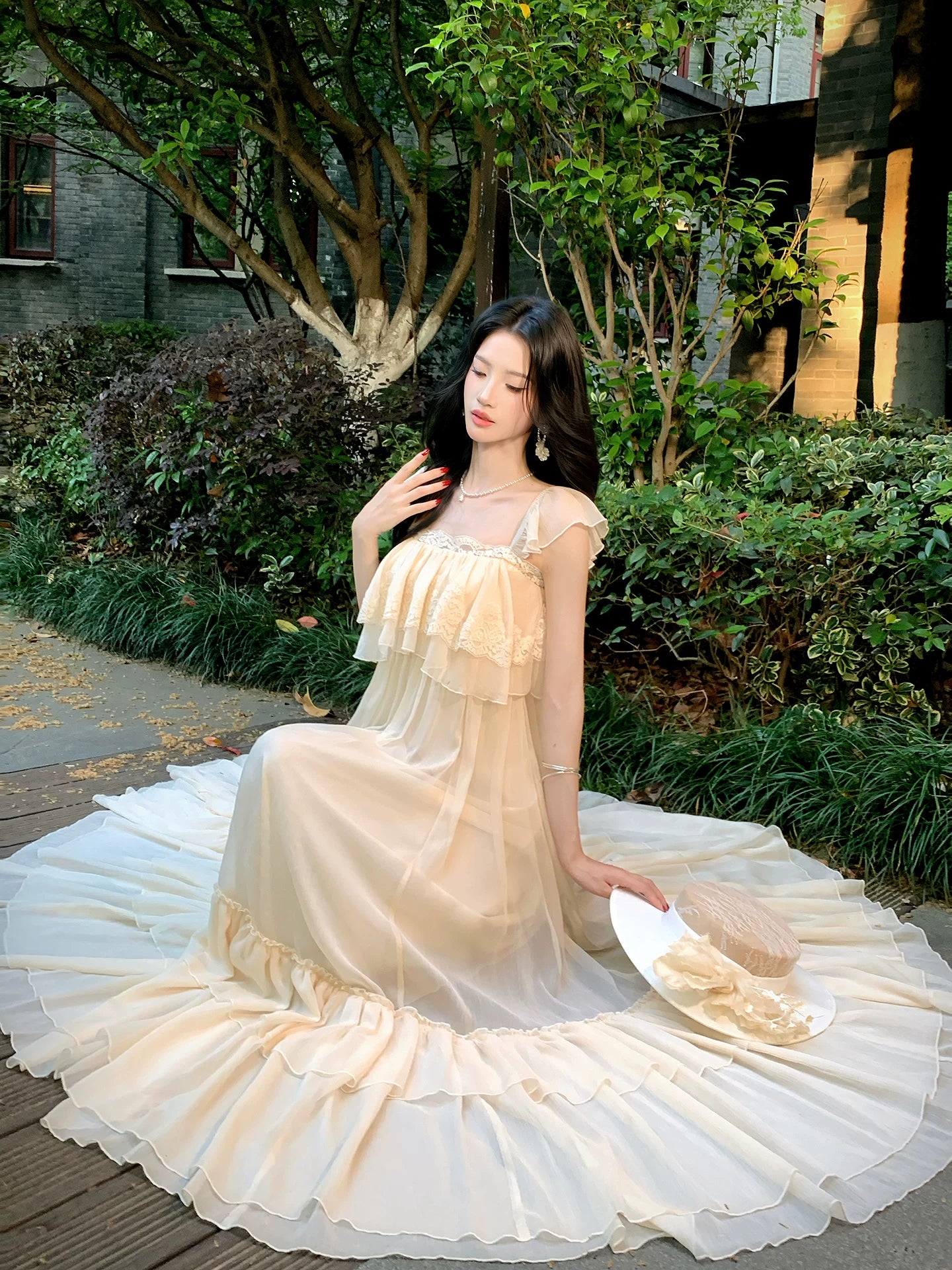 Apricot Chiffon Wedding Dress Lace A Line Ruffled Dress P1652