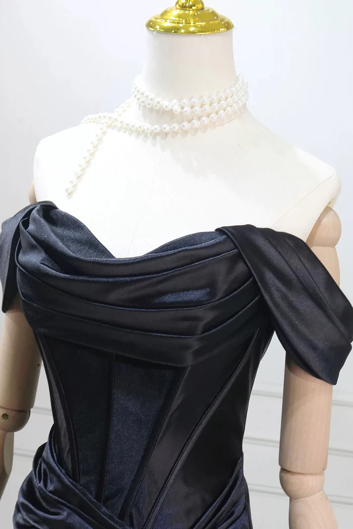 Black Satin Long Prom Dress Mermaid Off The Shoulder Evening Dress P657