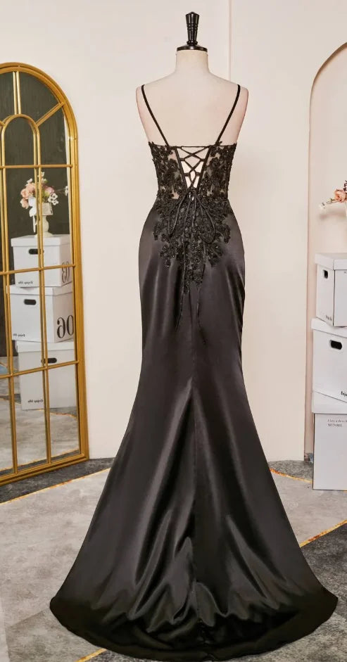 Black Spaghetti Straps Evening Dresses Satin Sheath Long Prom Dresses With Slits P891