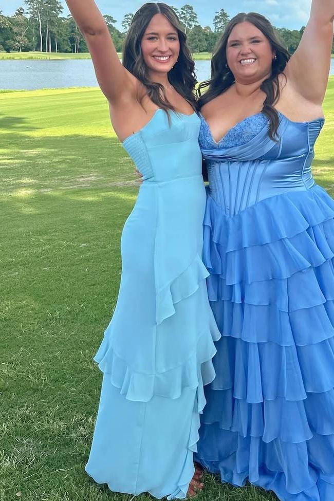 Blue Strapless Ruffles Layered Chiffon Prom Dress With Slit P2524