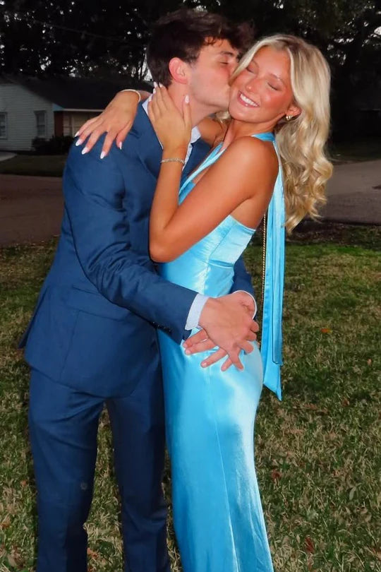 Blue Halter Satin Sheath Long Prom Formal Dress P994