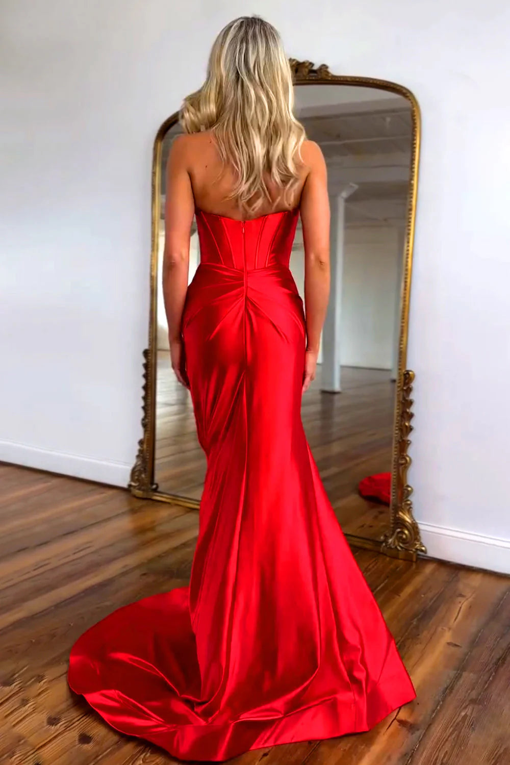 Bow knot Sweetheart Mermaid Red Long Prom Dress With Slit P968