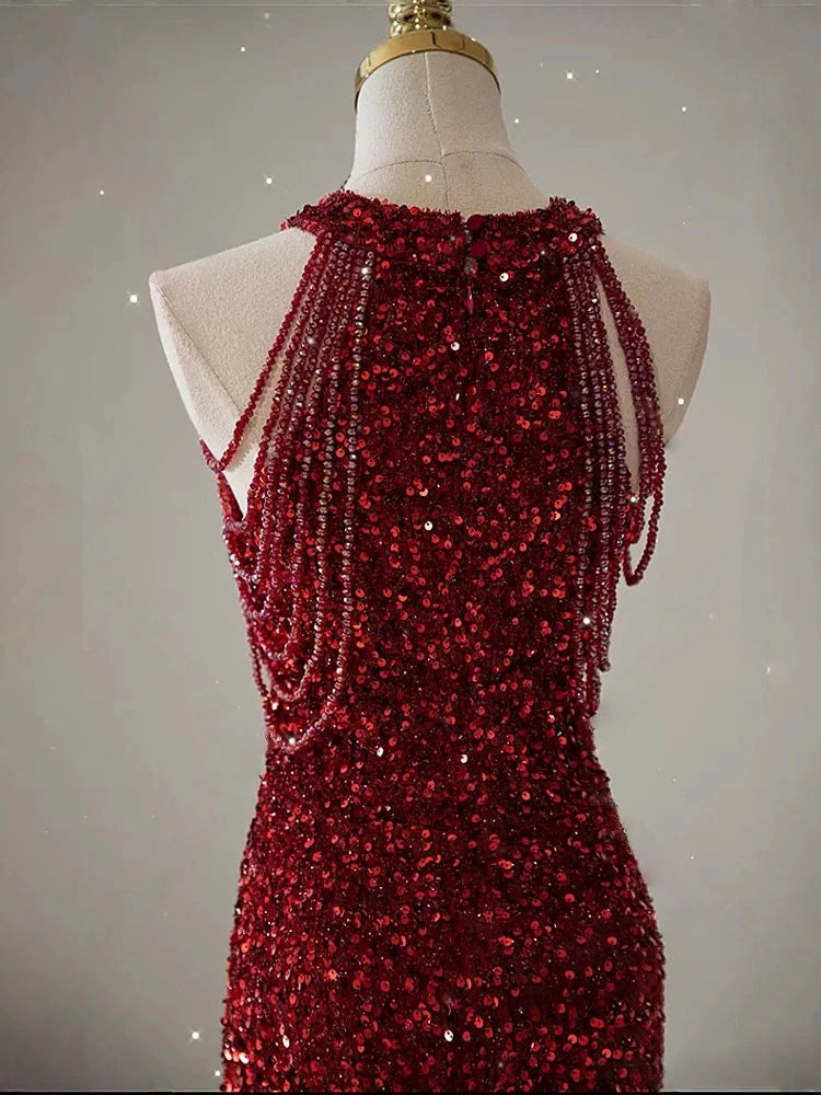 Burgundy Mermaid Sequin Prom Dress Sparkle Evening Gown P1400