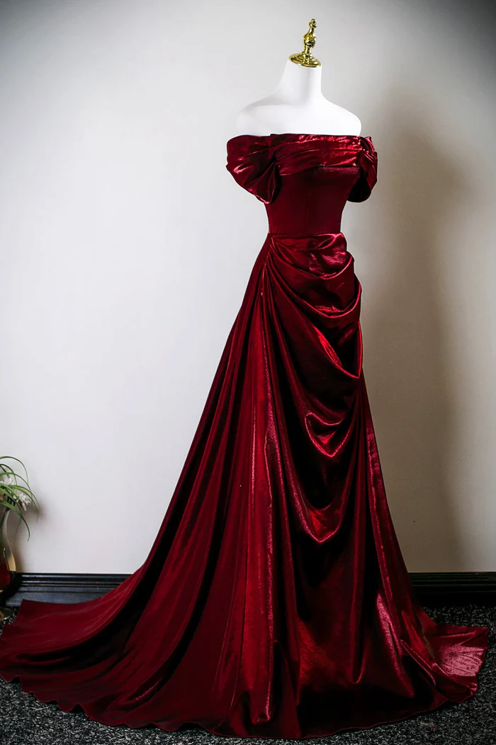 Burgundy Satin Long Prom Dress Off The Shoulder Evening Party Dress P660