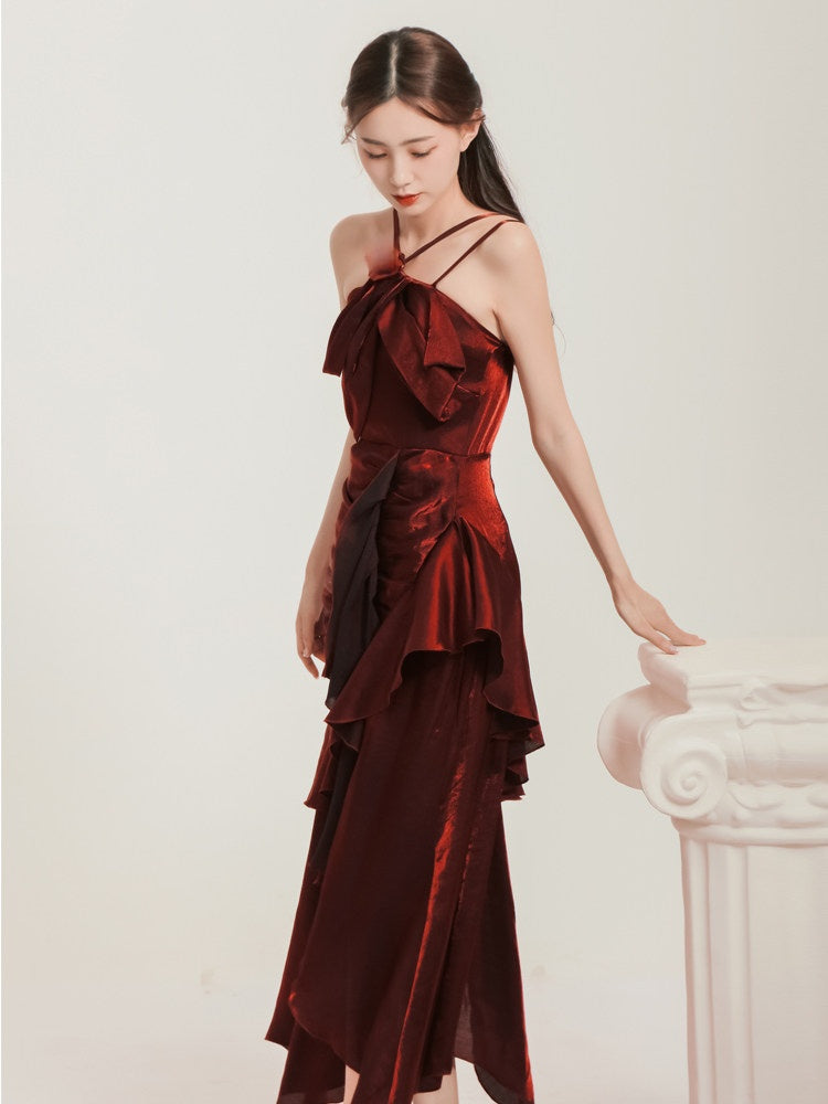 Burgundy Sheath Ruffled Prom Dress Formal Party Dress P780