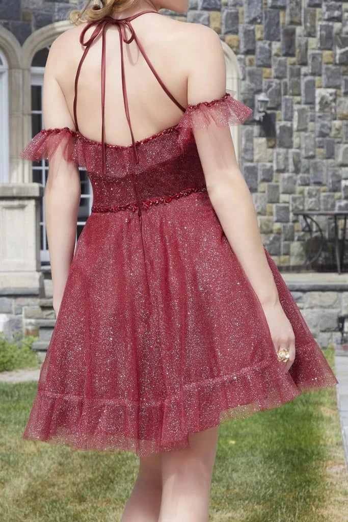 Burgundy Sparkle Tulle Homecoming Dresses Beaded Short Dress P2318
