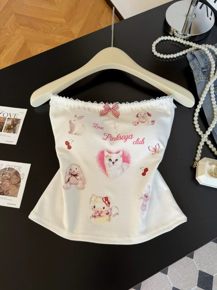 Cat Printed Sweet Short Tube Top L131
