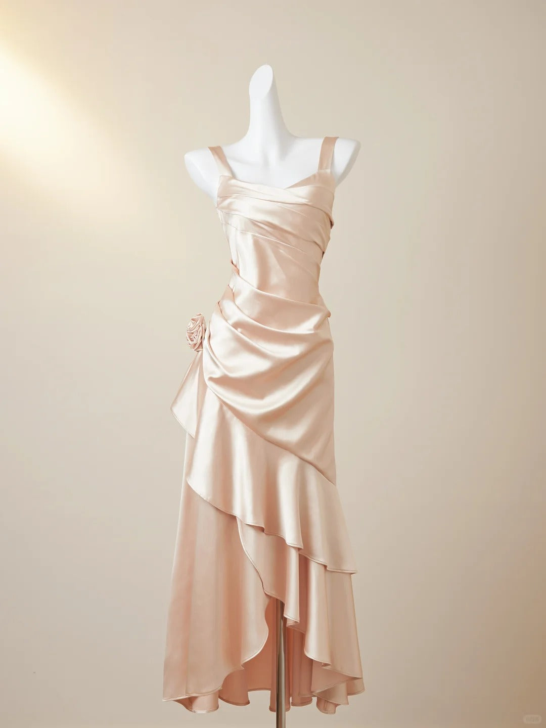 Champagne Satin Formal Prom Dress Ruffled Evening Gown P1728