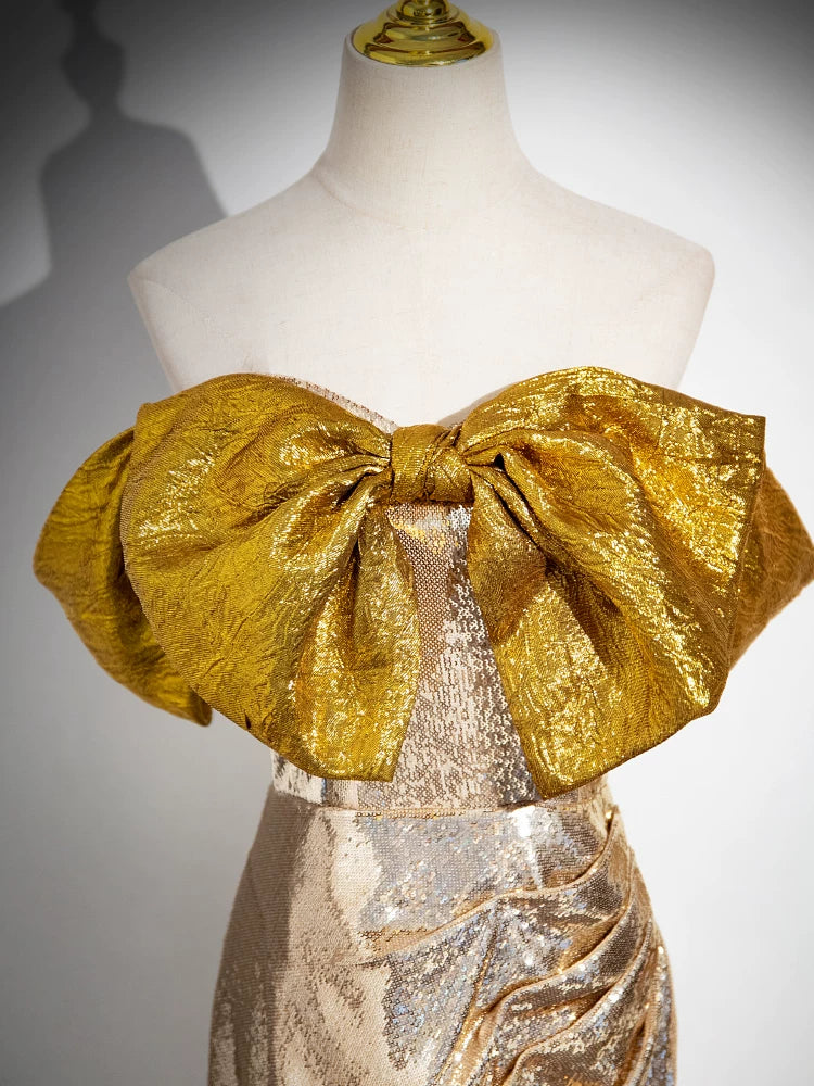 Champagne Sequin Mermaid Prom Dress with Bow P1258