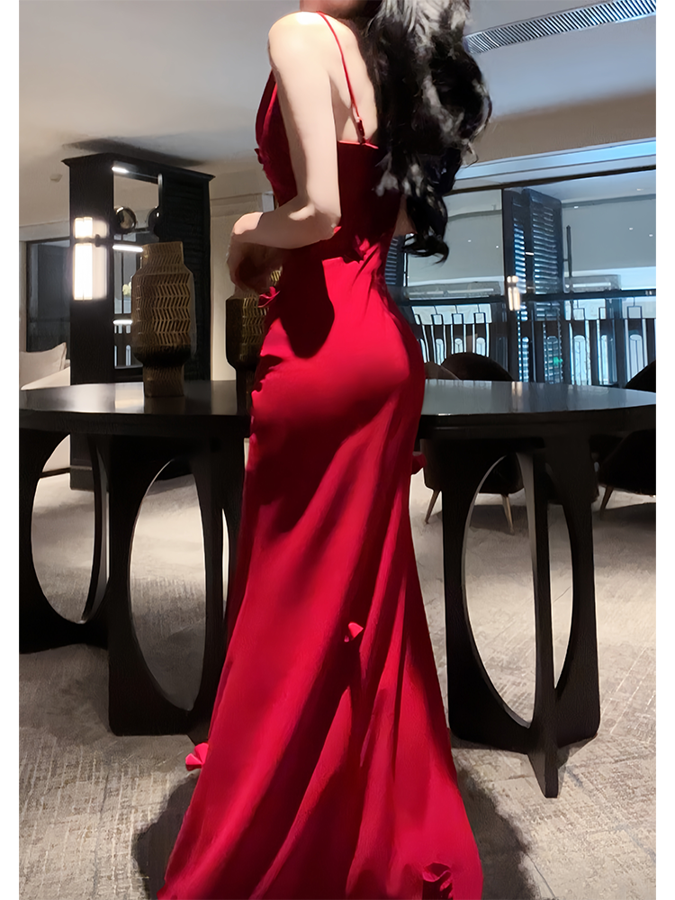 Cowl Neck Burgundy Satin Prom Dress with Slit P1610