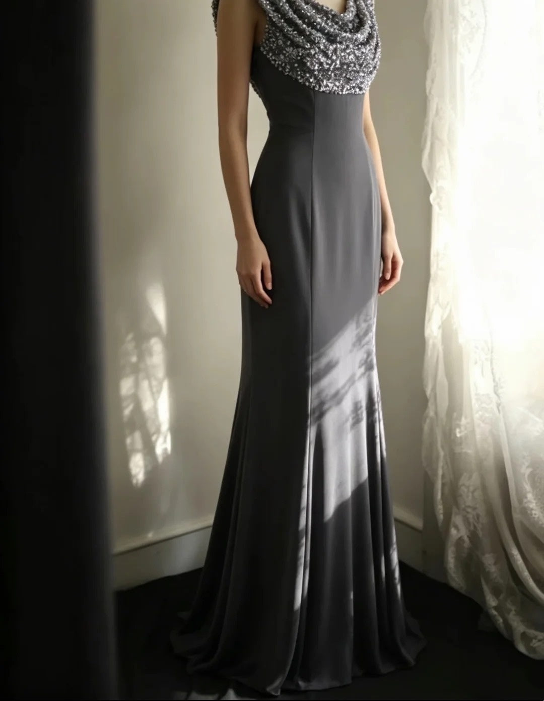 Cowl Neck Mermaid Gray Formal Prom Dress Open Back Evening Gowns P2054