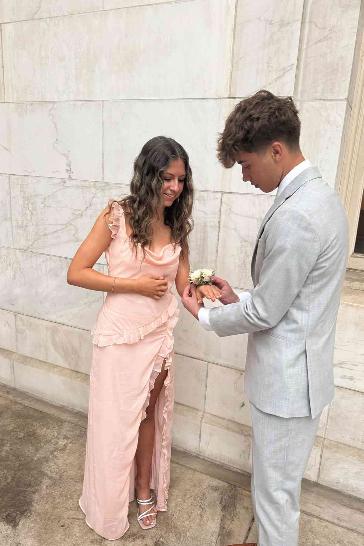 Cowl Neck Peach Ruffle Long Formal Prom Dress With Slit P2468