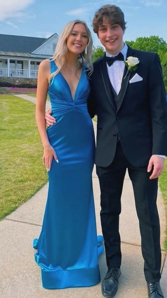 Deep V-Neck Mermaid Satin Prom Dresses Graduation Dress P619