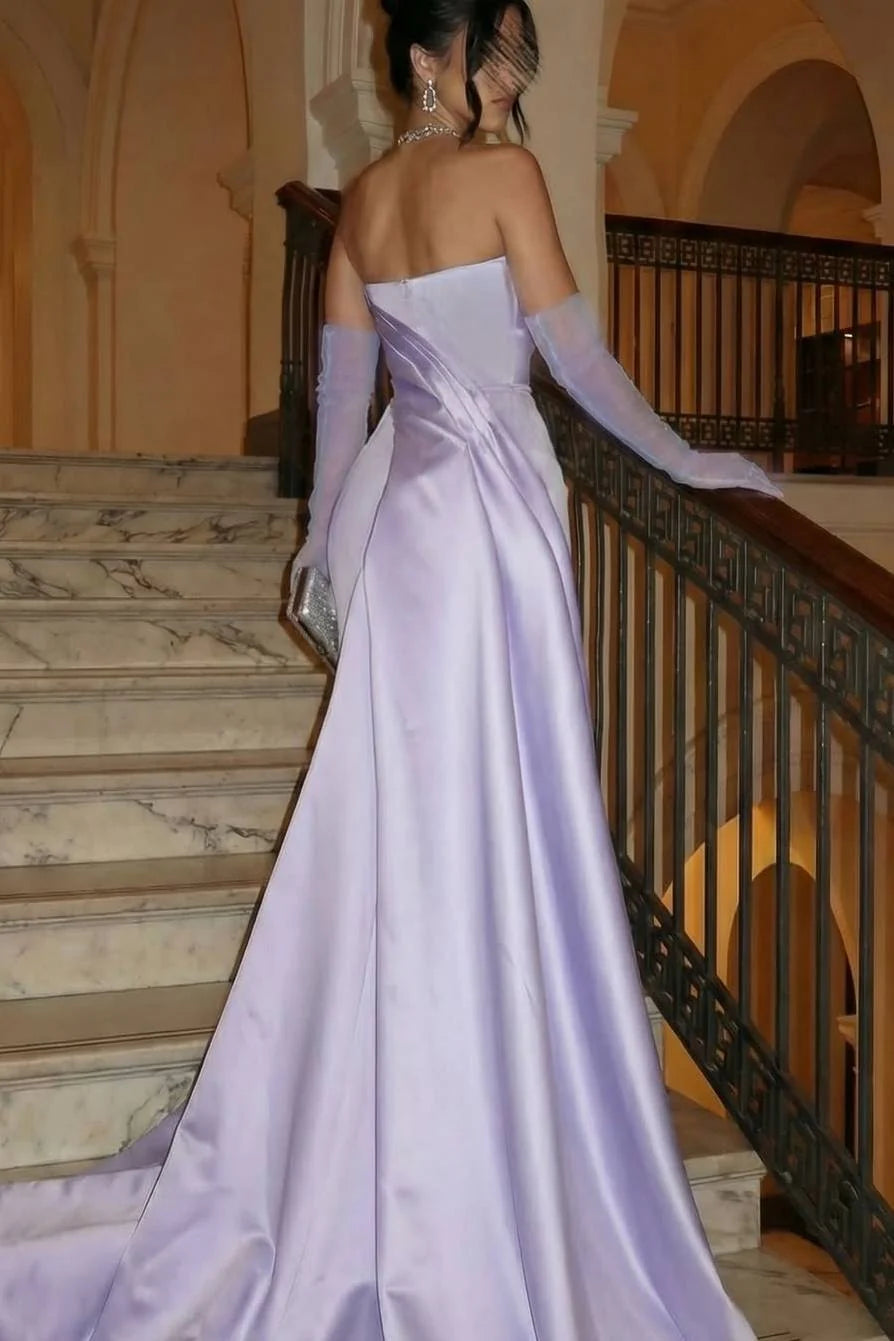 Elegant Strapless Lilac Satin Evening Prom Dress With Train P2561