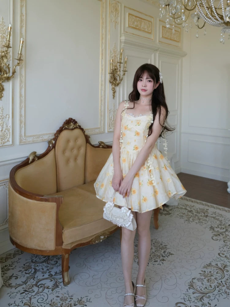 Embroidered Yellow Floral Dress Short Homecoming Dress L170