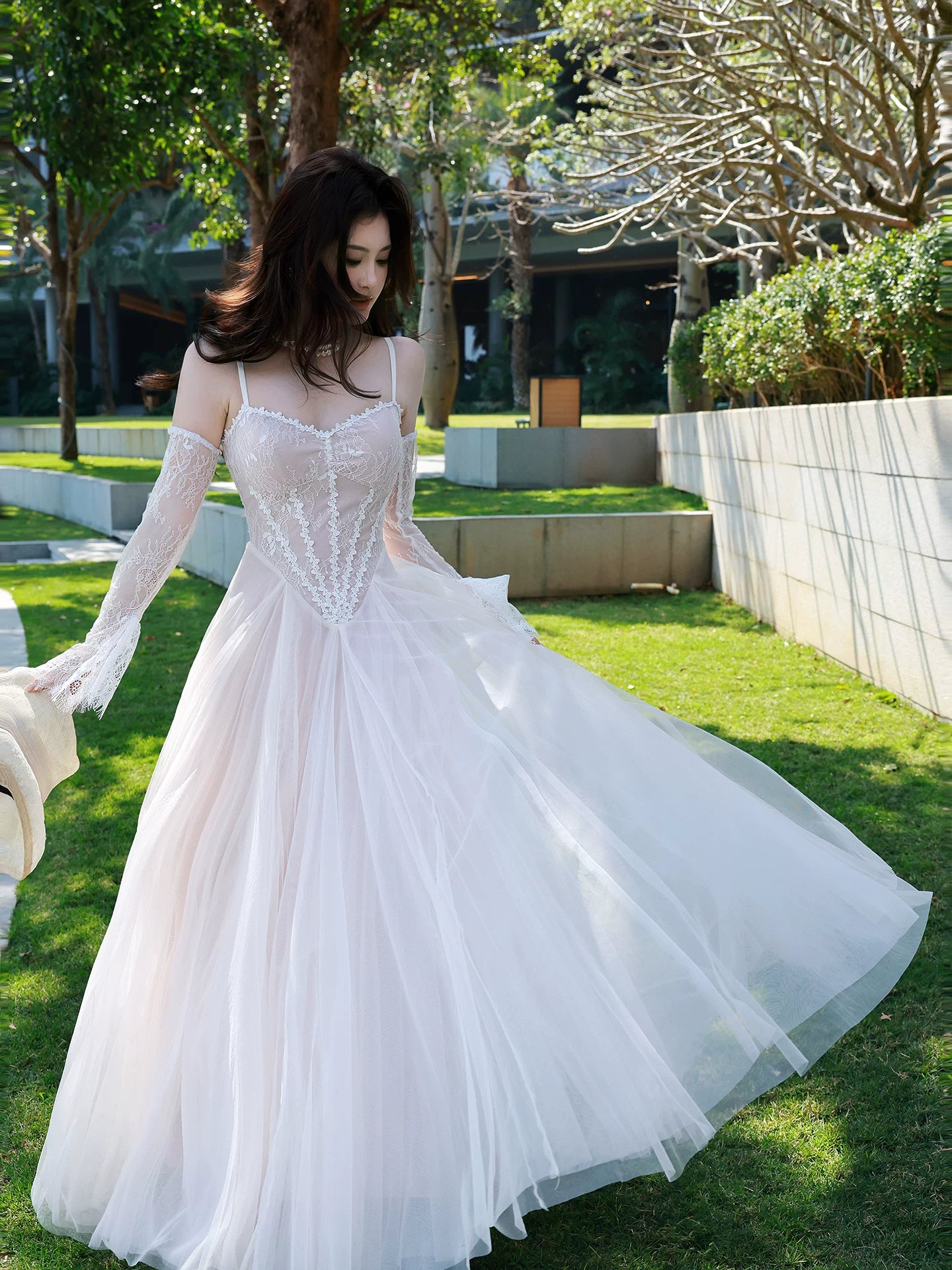French-style Pink Lace Mesh Spaghetti Strap Wedding Dress Birthday Gown L114