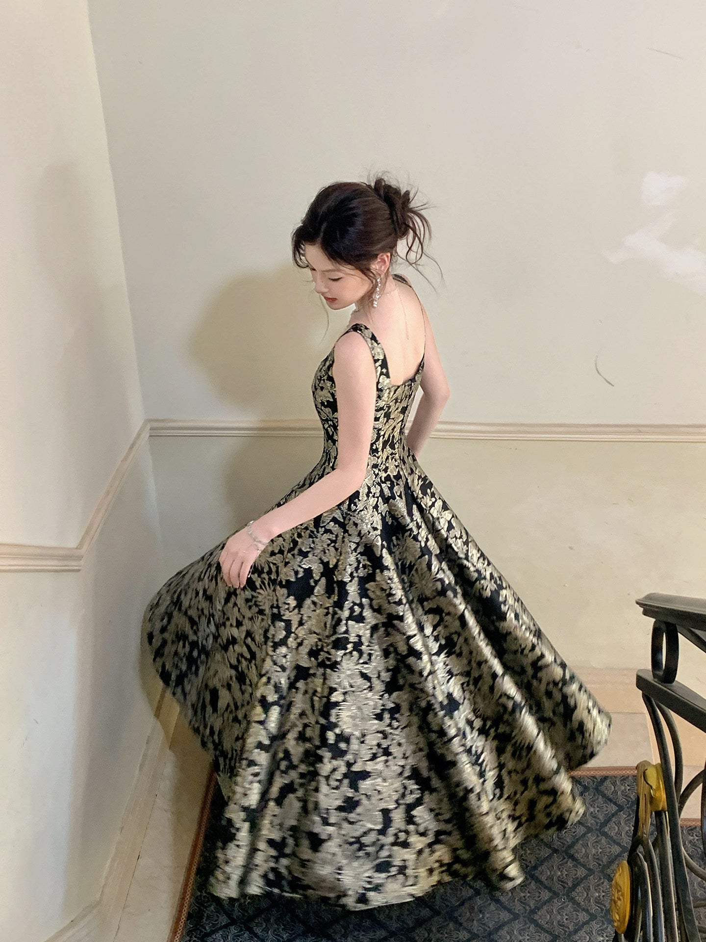 French Retro A Line Black Prom Dress Gold Jacquard Birthday Gown L50