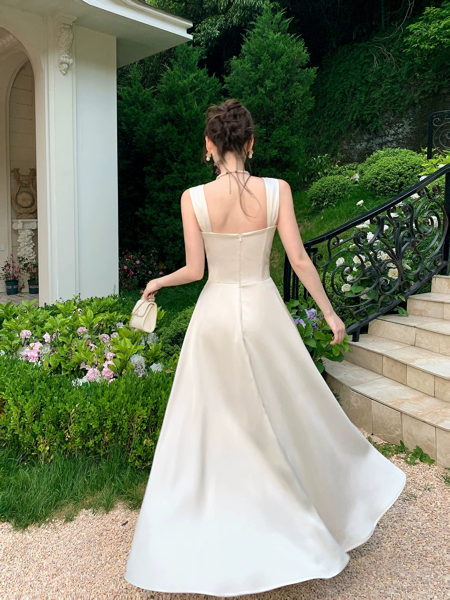 French Style A Line Ivory Wedding Dress Satin Birthday Dress P1633