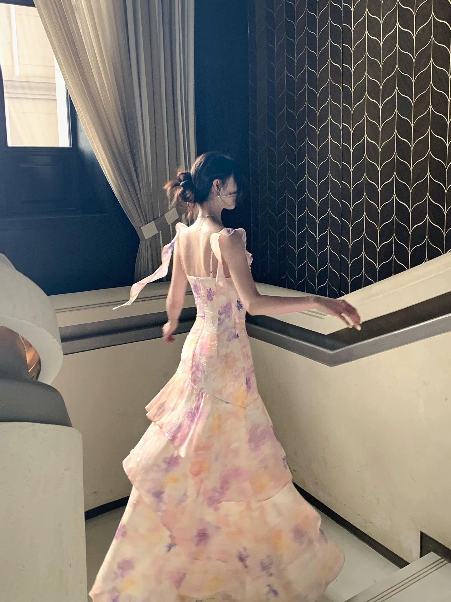 French Style Pink Floral Print Dress Ruffled Fairy Dress L104
