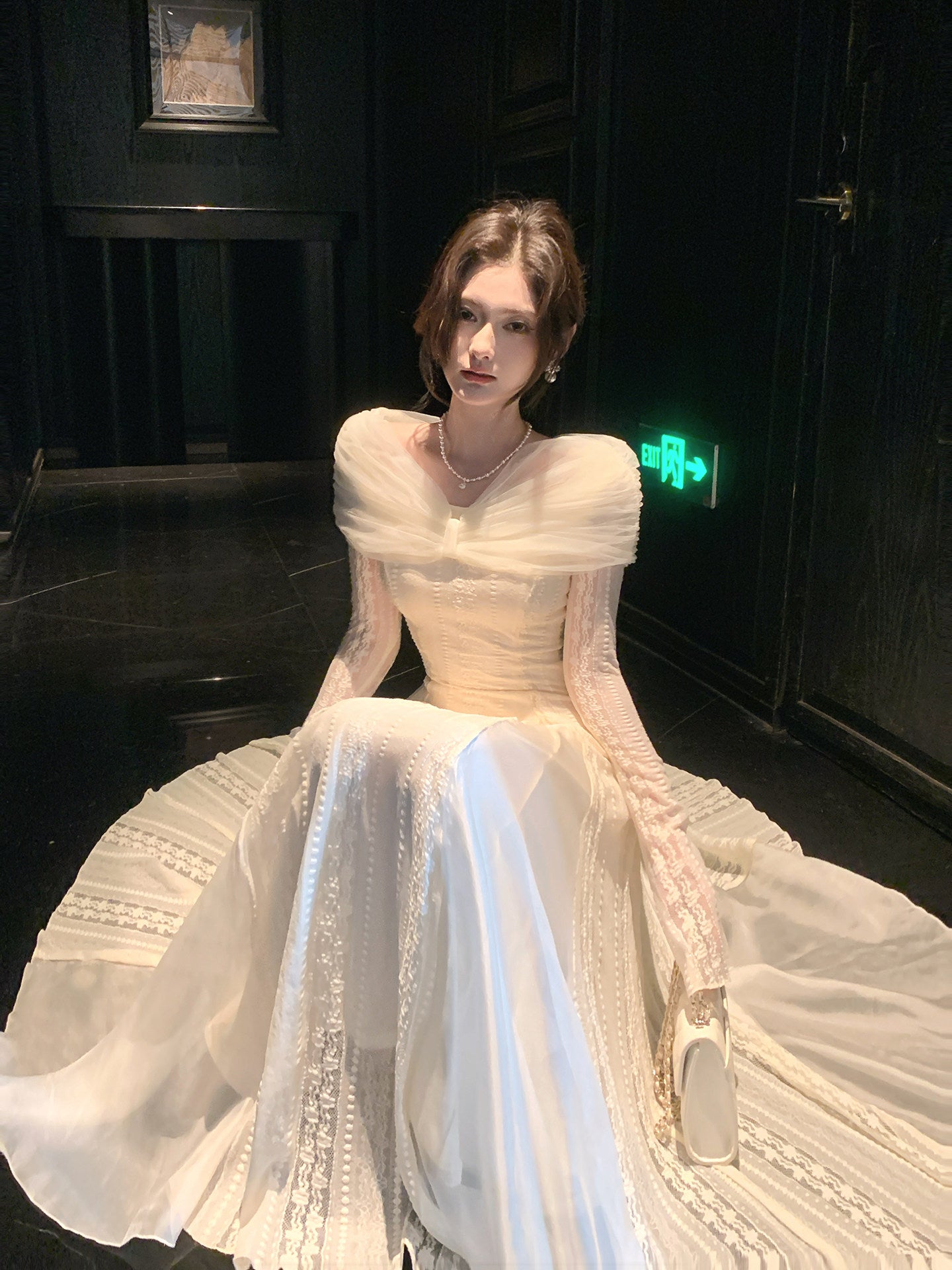 French Style Retro Tulle Lace Off-the-shoulder Dress for Women Formal Wear L49