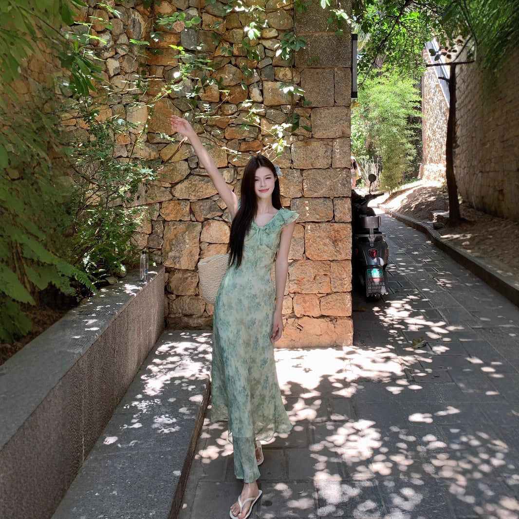 Green Floral Print Chiffon Long Dress for Summer L73