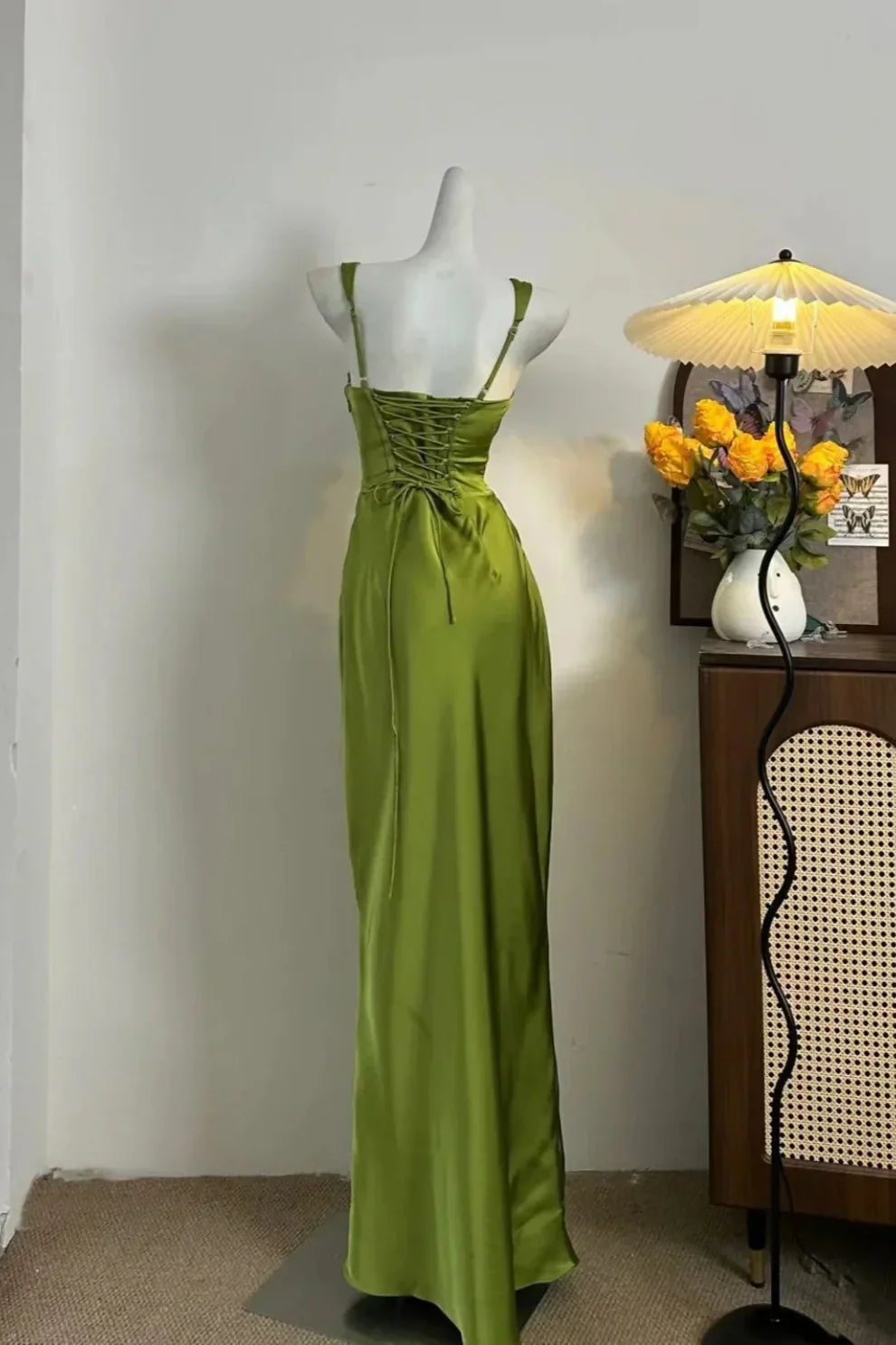 Green Square-Neck Ruched Satin Long Prom Dress P739