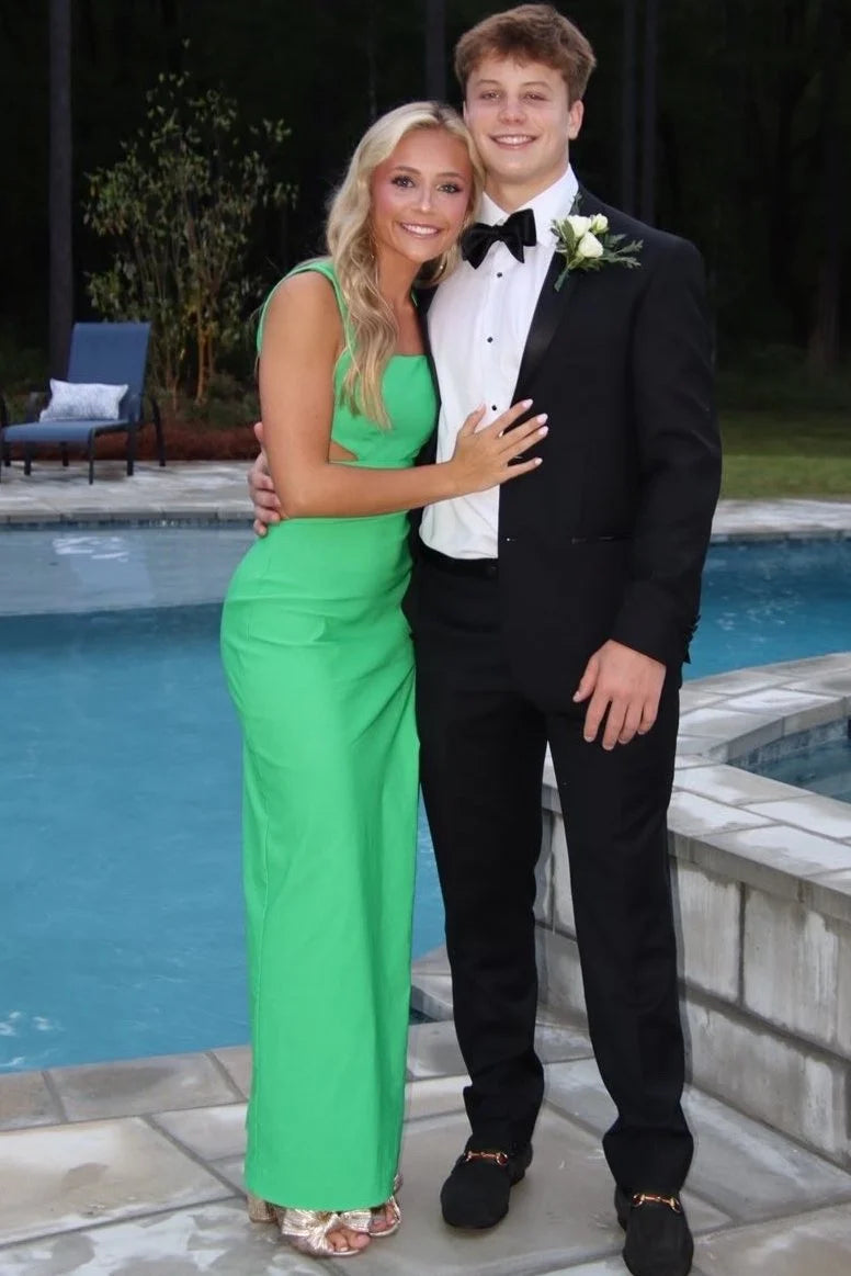Green Square Satin Formal Prom Dress With High Slit P2521