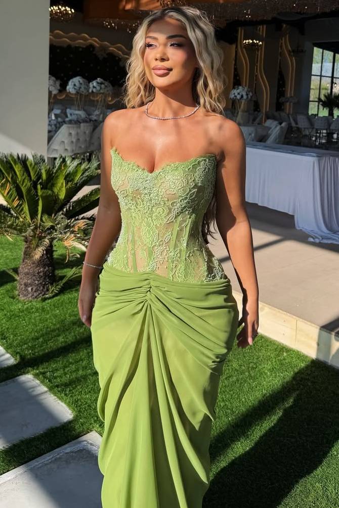 Green Strapless Chiffon Formal Prom Dress With Appliques P2529