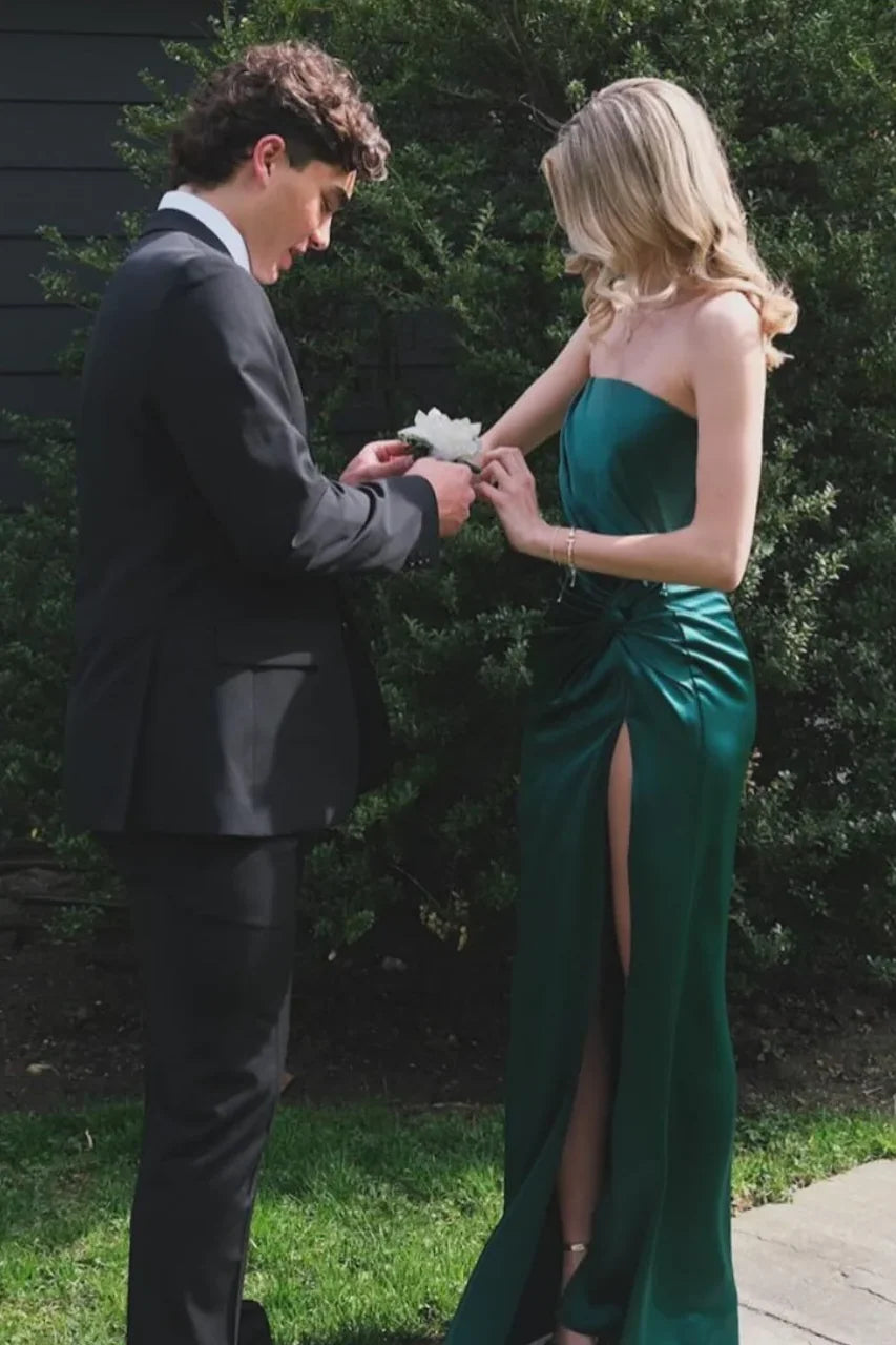 Green Strapless Satin Pleats Side Slit Formal Prom Dress P2578