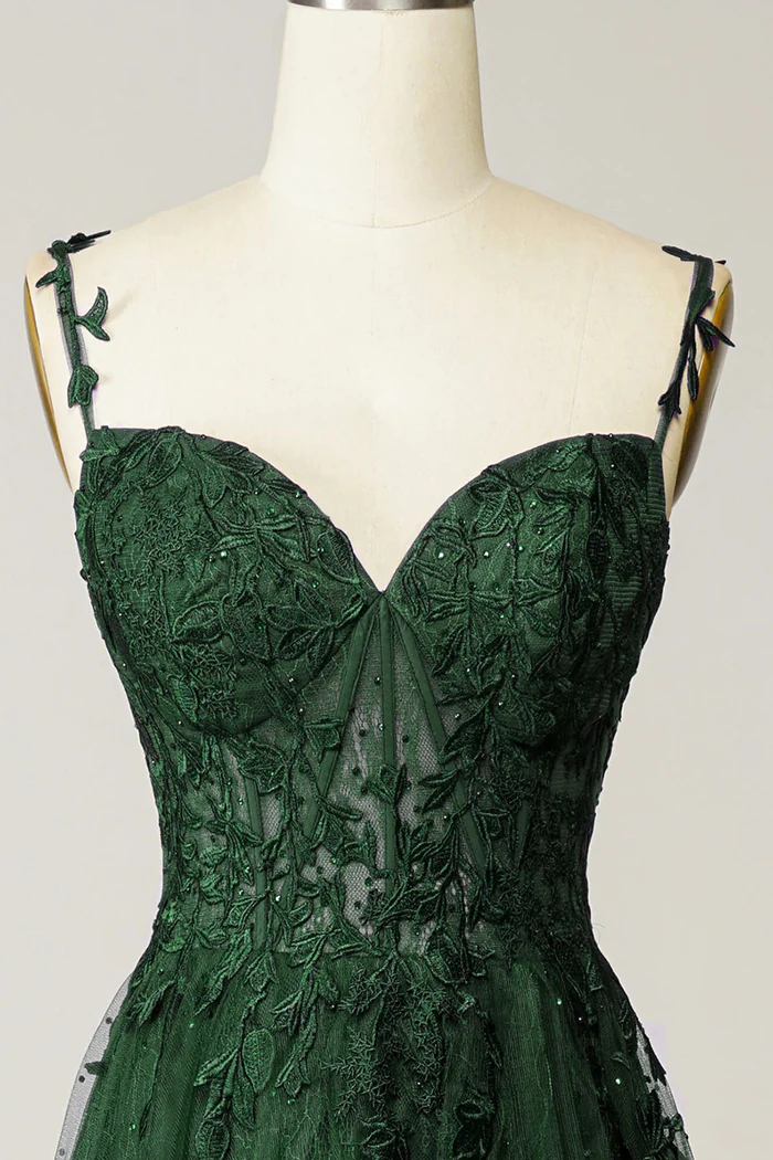 Green Tulle Lace Long Prom Dress Spaghetti Straps Formal Dress P665
