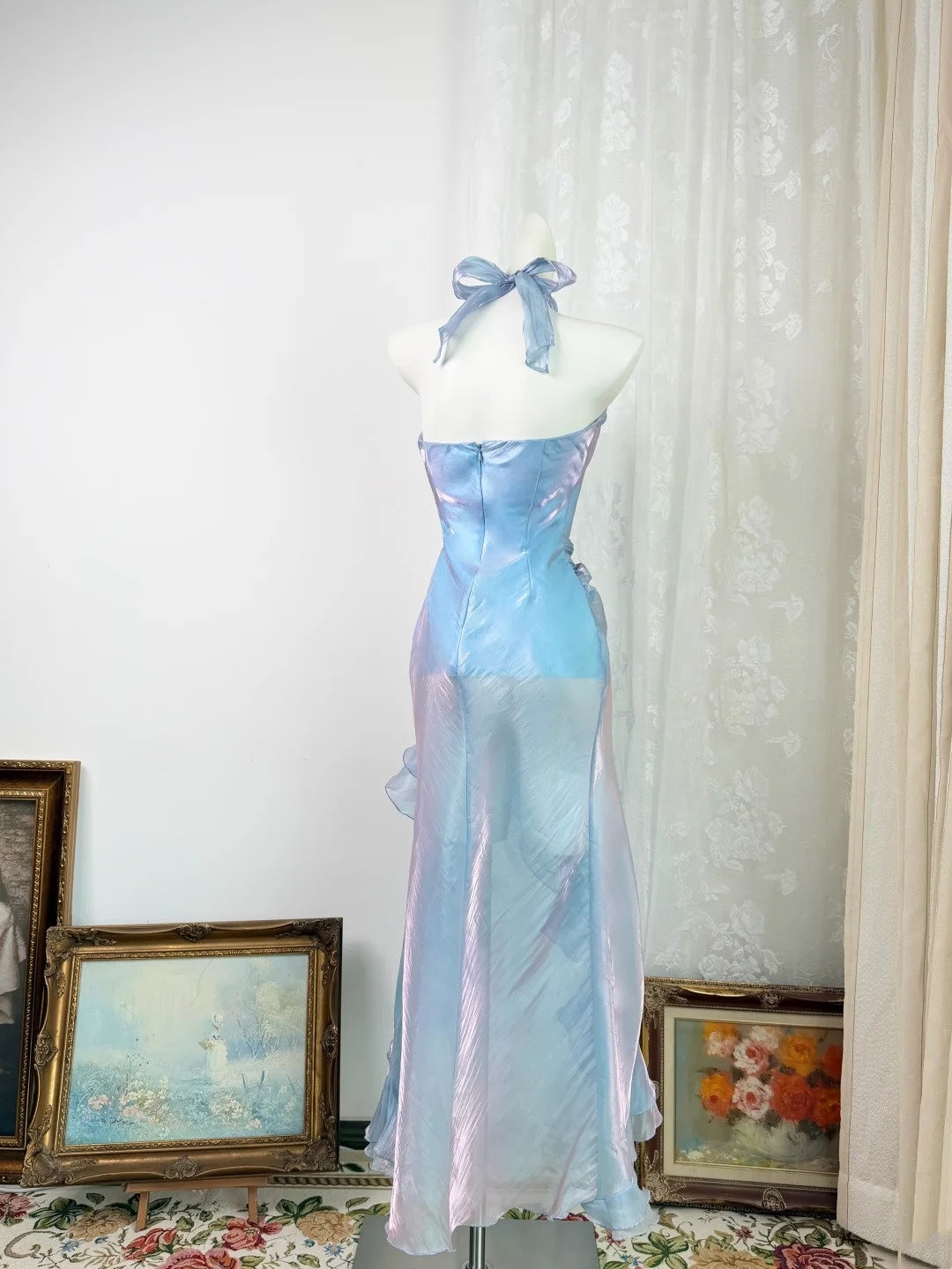 Halter A Line Blue Ruffled Homecoming Dress Party Dress P1722
