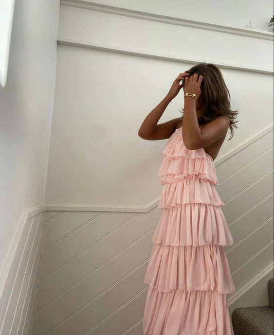 Halter A Line Layered Chiffon Prom Dress Formal Wedding Guest Dress P1216