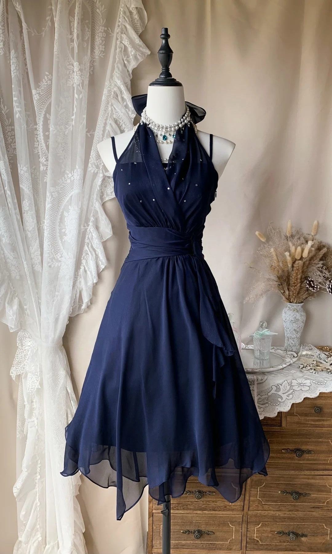 Halter A Line Navy Blue Homecoming Dress Short Party Dress P1664