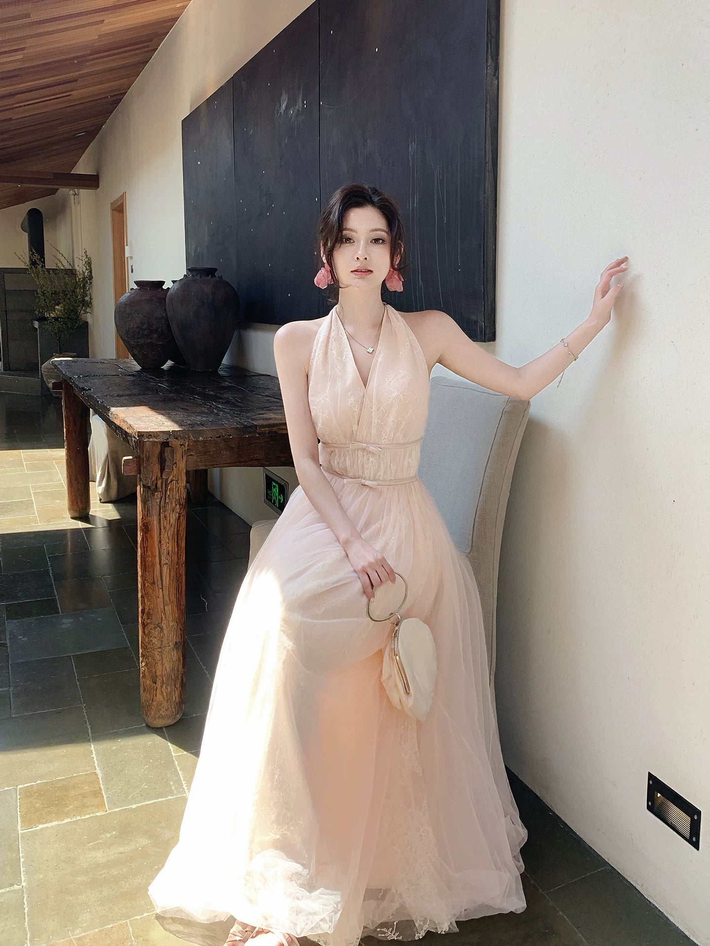 Halter A Line Pink Formal Prom Dress Lace Evening Dress L96