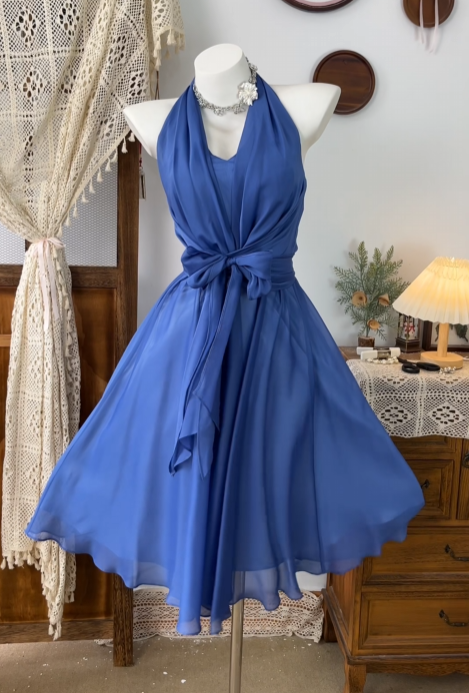 Halter A Line Royal Blue Chiffon Homecoming Dress Short Summer Dress P1947