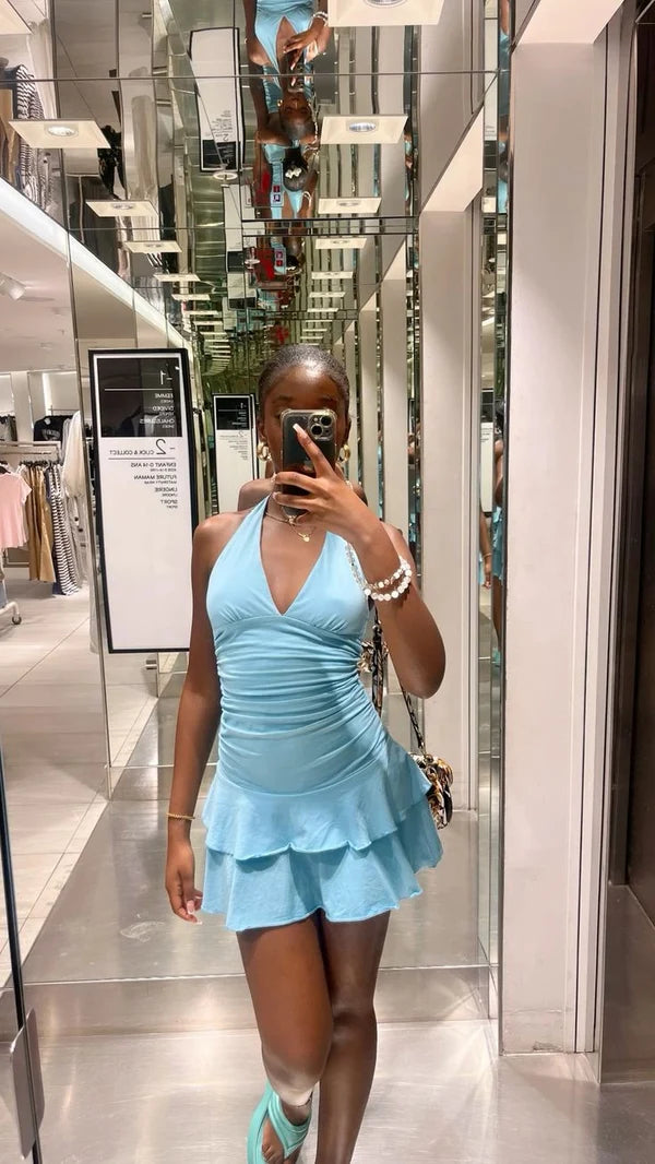 Halter Blue Chiffon Homecoming Dress Mini Cocktail Dress P2167