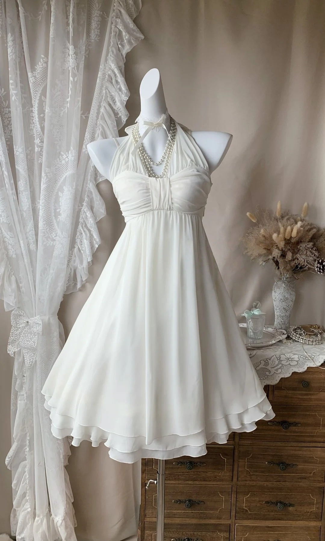 Halter Ivory Chiffon Homecoming Dress Short Birthday Dress P2667
