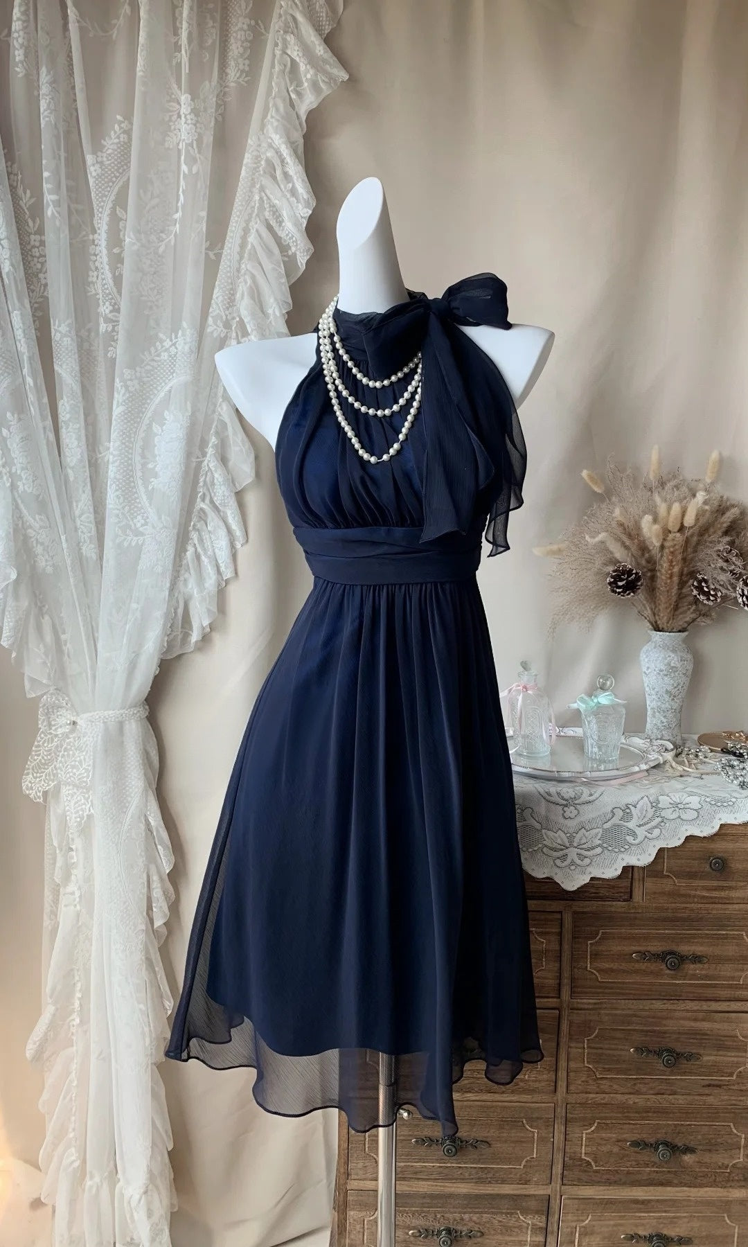 Halter Navy Blue Homecoming Dress Retro Birthday Dress P1941